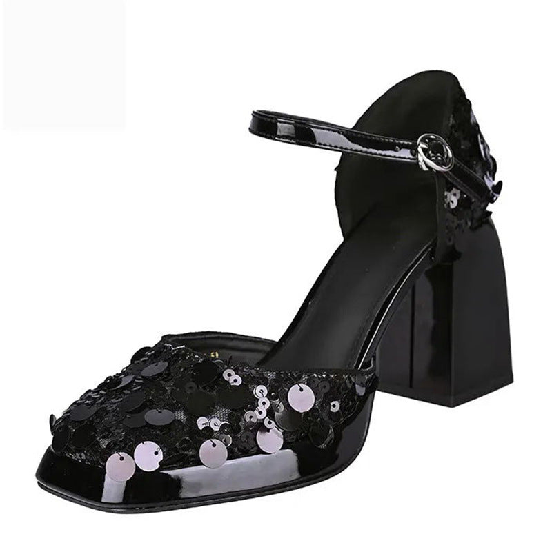 flowersverse Summer New Sequin Fashion Square Toe Sandals Women's Shoes Closed Toe Root Ankle-Strap Buckle with Mid-High Heels