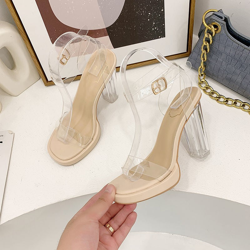 flowersverse Fashion Transparent Open Toe One-Word with Chunky Heel Platform High Heel Sandals Summer New Fairy Style High Heels