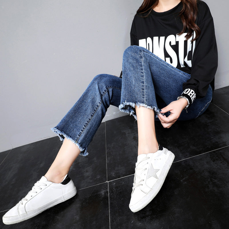 flowersverse Slightly Flared Jeans Women's High Waist New Spring and Autumn Clothing Slimming Cropped Small Stretch Women's Pants