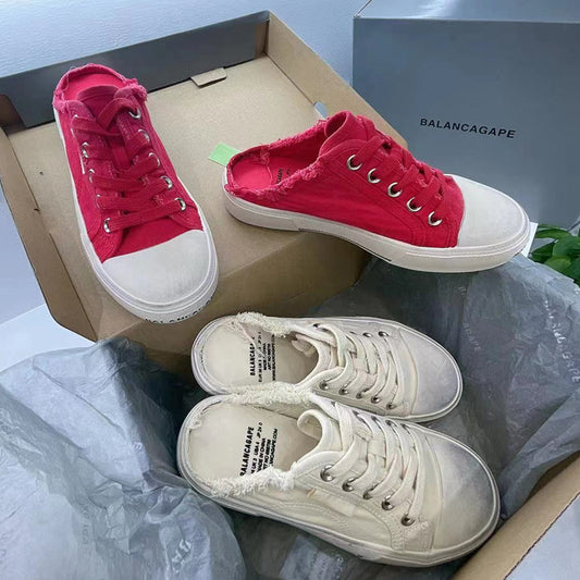 flowersverseInternet Celebrity Super Hot Ins Canvas Shoes for Women Summer New Distressed Retro Half Slippers Lace up Casual Golden Goose Shoes