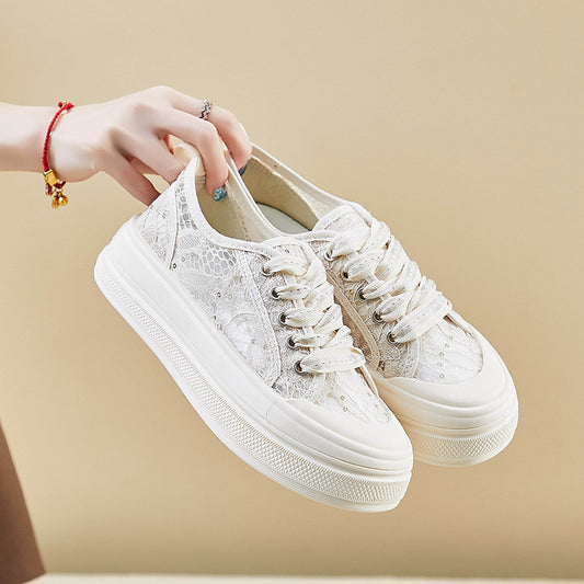 flowersverseLace Breathable Mesh Canvas Shoes for Women Summer New Sequins with Skirt Pumps Thick-Soled Casual Sneakers Women