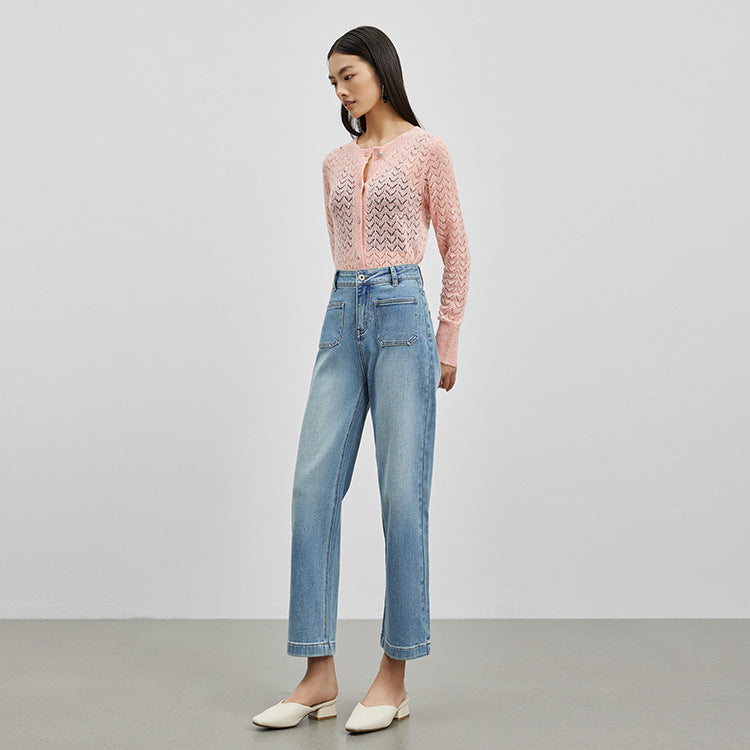 2025 Spring and summer high-quality Xinjiang plush micro-elastic double bag personalized design nine-point straight pants women's elastic denim