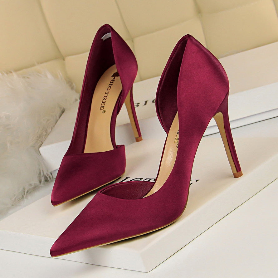 2025 830-3 style fine high-heeled satin light mouth pointed side hollow sexy nightclub thin single shoes women's high heels