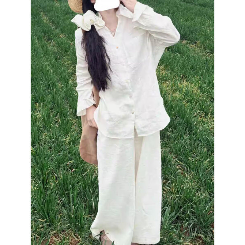 Minimalist lazy retro v-neck shirt lazy suit spring and summer new solid color casual pants + shirt