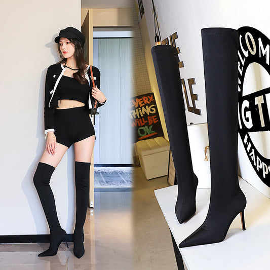 FLOWERSVERSE 2025 315-A9 style simple high heel pointed elastic lycra sexy nightclub slim pedicure legs over knee boots