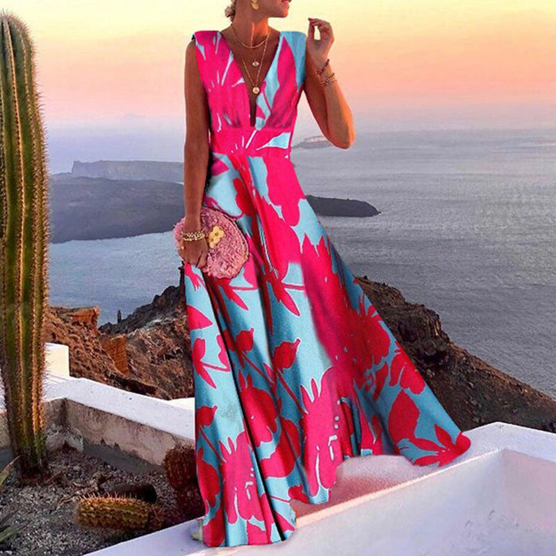 FLOWERSVERSE 24 New summer new women's fashion trend V-neck sleeveless long dress high waist dress dress