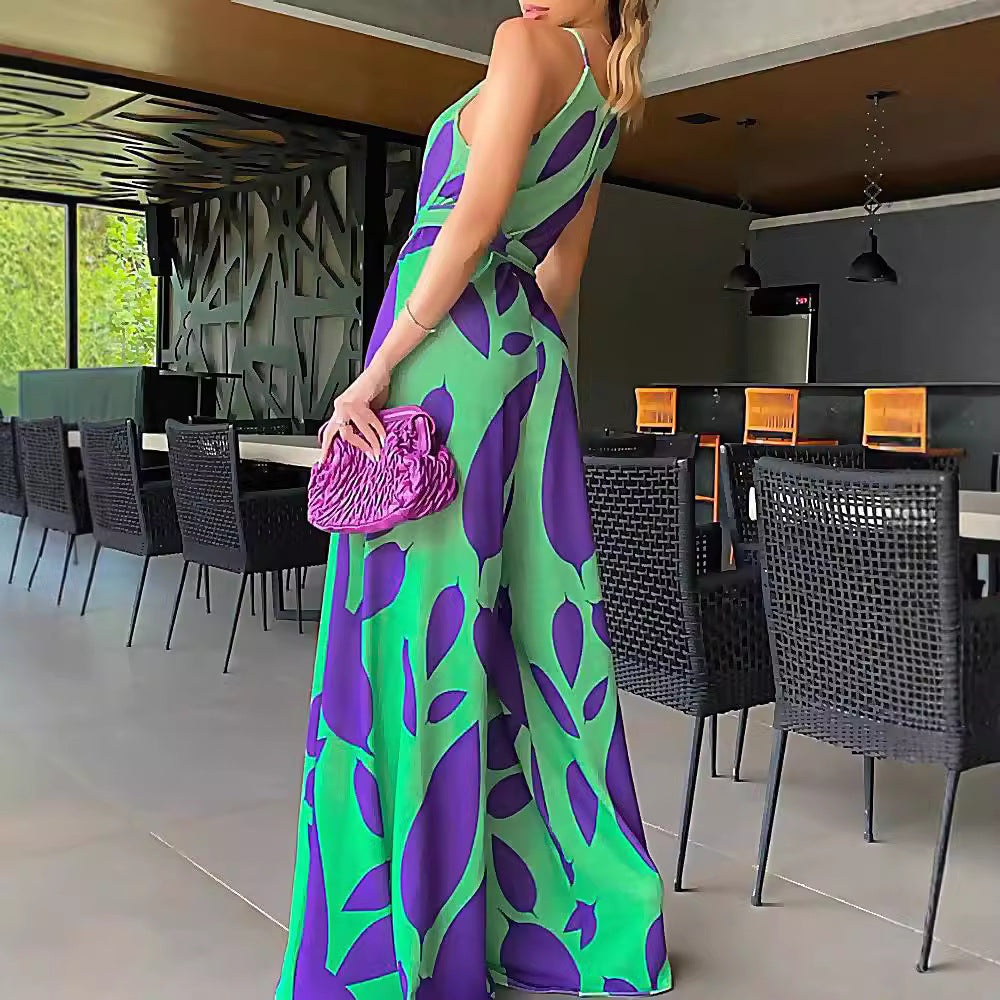 FLOWERSVERSE 2025 Popular trade New spring temperament commuter sleeveless pendulum suspender type printed green high-waisted bag jumpsuit