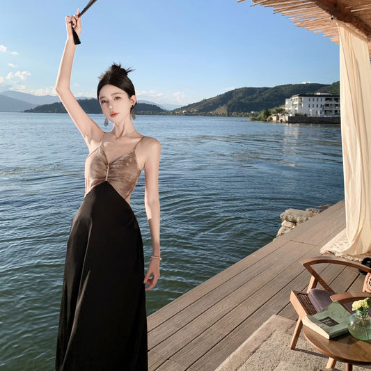 2025 holiday style tie-dye v-neck suspender dress women's summer sexy backless splicing a word beach temperament long dress