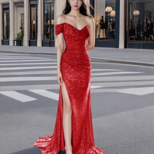 FLOWERSVERSE 2025 cross-border hot-selling 2025 trade women's clothing polyester sexy fine flash split-ended dance dress sequins