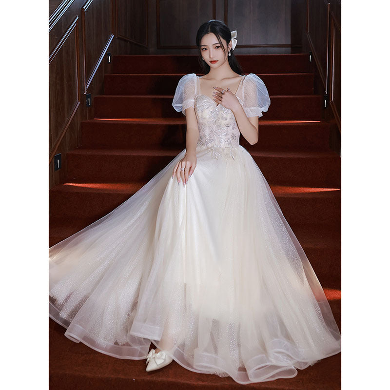 Champagne Evening Dress Dress 2025 New Banquet Fairy Bubble Sleeve Bar Mitzvah Birthday Bridesmaid Skinny Dress Woman