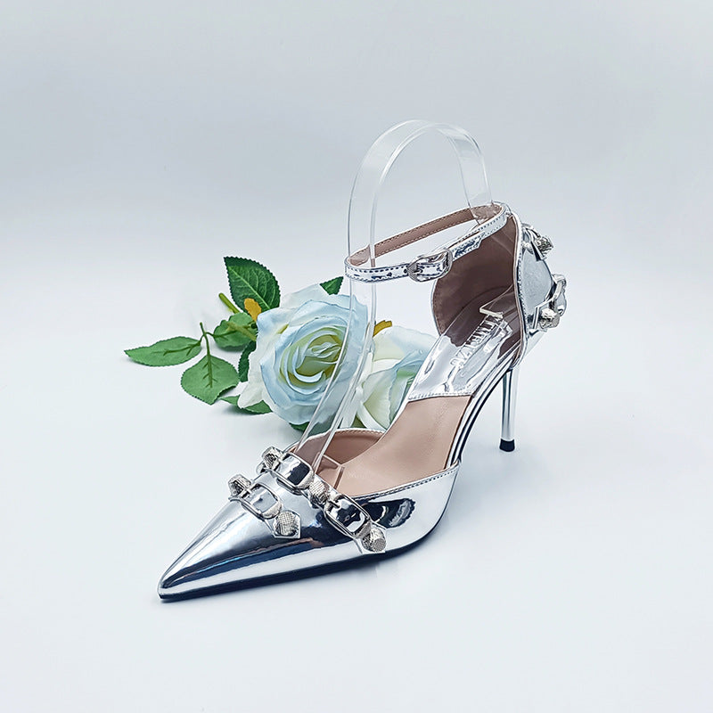 flowersverse New European and American Lens Rivet High Heels Hollow Women's Shoes Punk Stiletto Heel Belt Buckle Strap Shoes