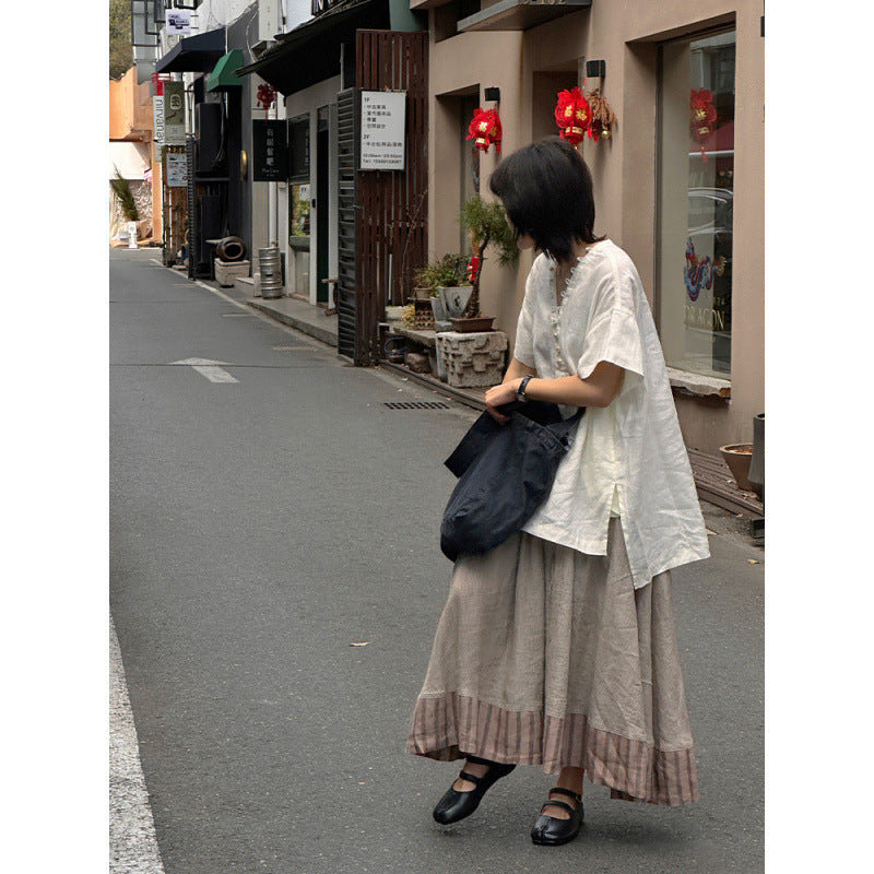 Temperament V-neck linen short-sleeved shirt summer new simple white design hollow versatile top women