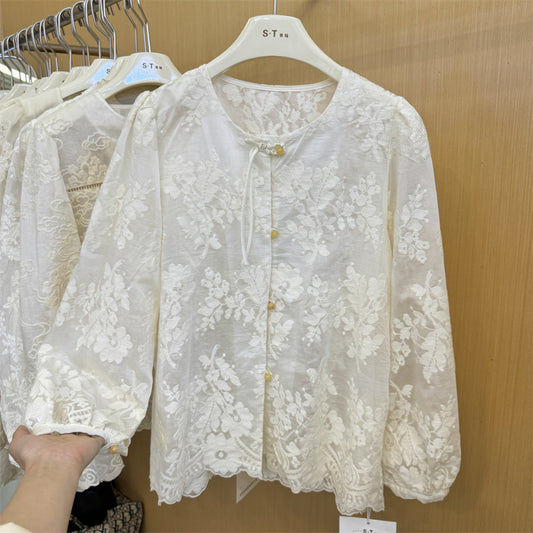 Guofeng button jacquard perspective long-sleeved shirt women's popular autumn new loose bubble sleeve lace shirt top