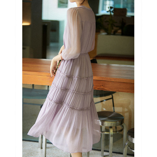 2025 Mulberry silk inside and outside, smoked purple silk dress, pleated lace-up swing dress summer new women's clothing