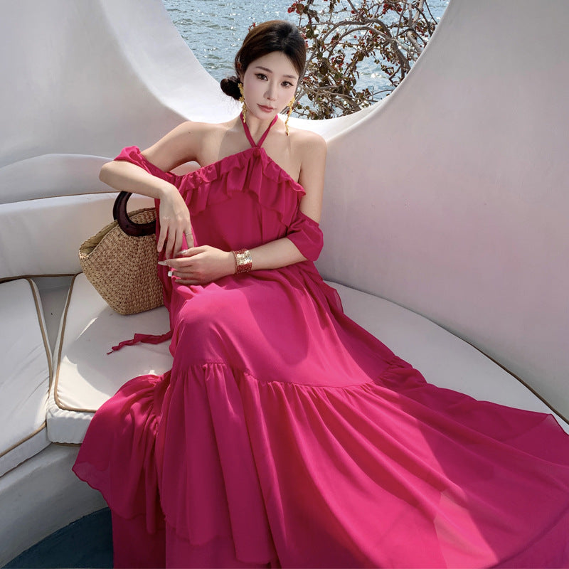 2025 Sanya seaside vacation beach dress pure desire wind sexy backless neck hanging photo exquisite fairy long dress suspender