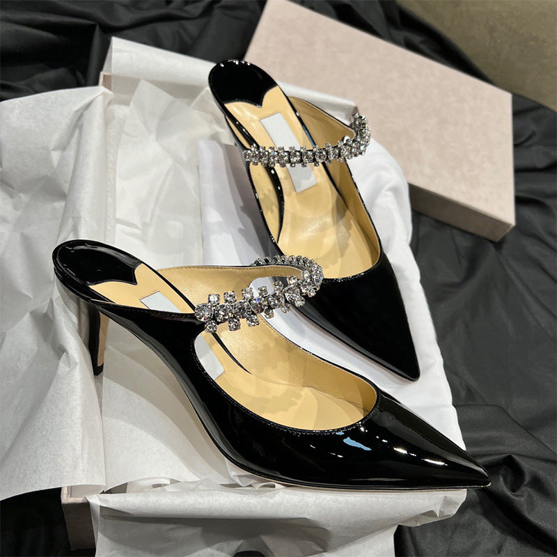 flowersverse JC Rhinestone High Heel Shoes New Style One Strap Fashionable All-Match Casual Pointed Luxury Genuine Leather Wedding Shoes for Women
