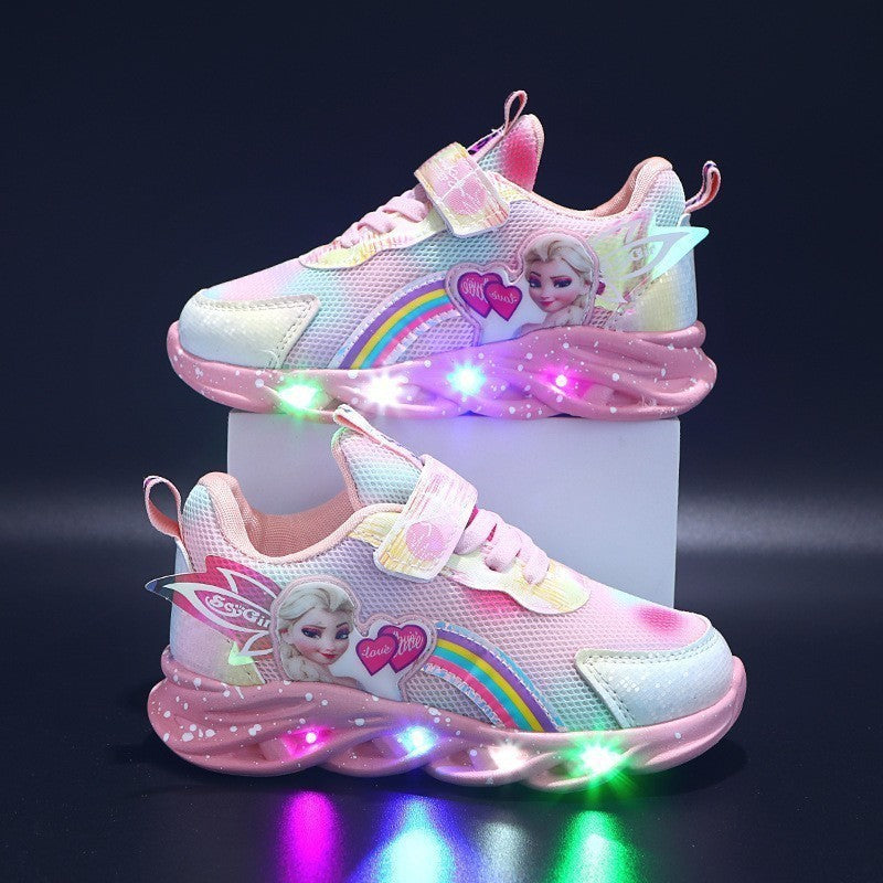 flowersverse Children's Shoes Wholesale with Lights Spring and Autumn New Mesh Breathable Children Sneaker All-Matching Princess Light Shoes
