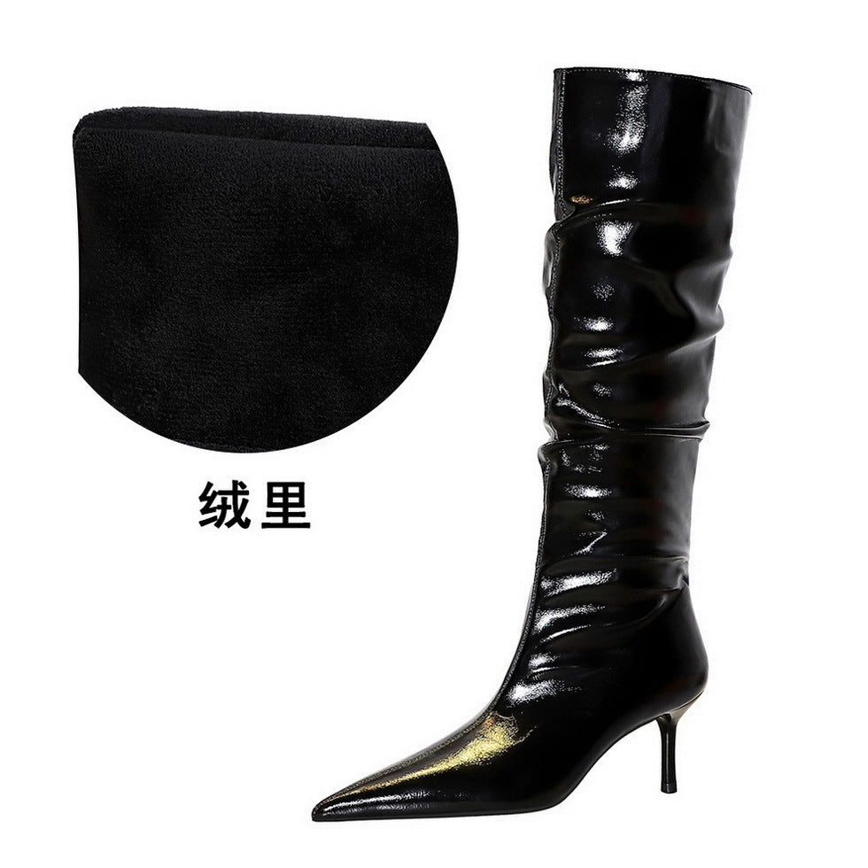 FLOWERSVERSE 2025 328-18 retro style winter new middle heel thin heel pointed patent leather wrinkled tube women's boots high boots