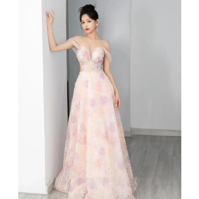 Pink toast dress bride 2025 new morning robe dress women's light luxury niche high-end host tube top evening dress