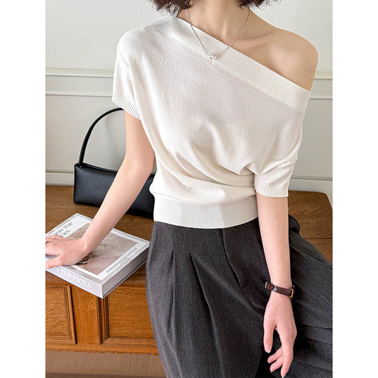 2025 Spring New Korean Loose Lazy Slack One-word Shoulder Slash Shoulder Top Knitted Sweater Women 166