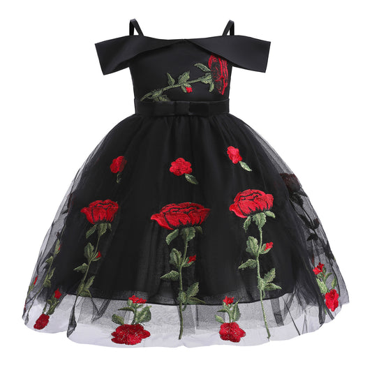 flowersverse Cross-Border Girl Dress European and American Style Children's Clothing Little Girl off Shoulder Princess Dress Children Rose Embroidery Tulle Skirt