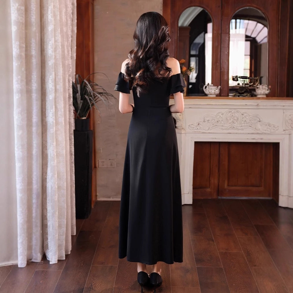 2025 One-word shoulder black evening dress women's banquet temperament high-end dress women's light luxury niche host high-end spring