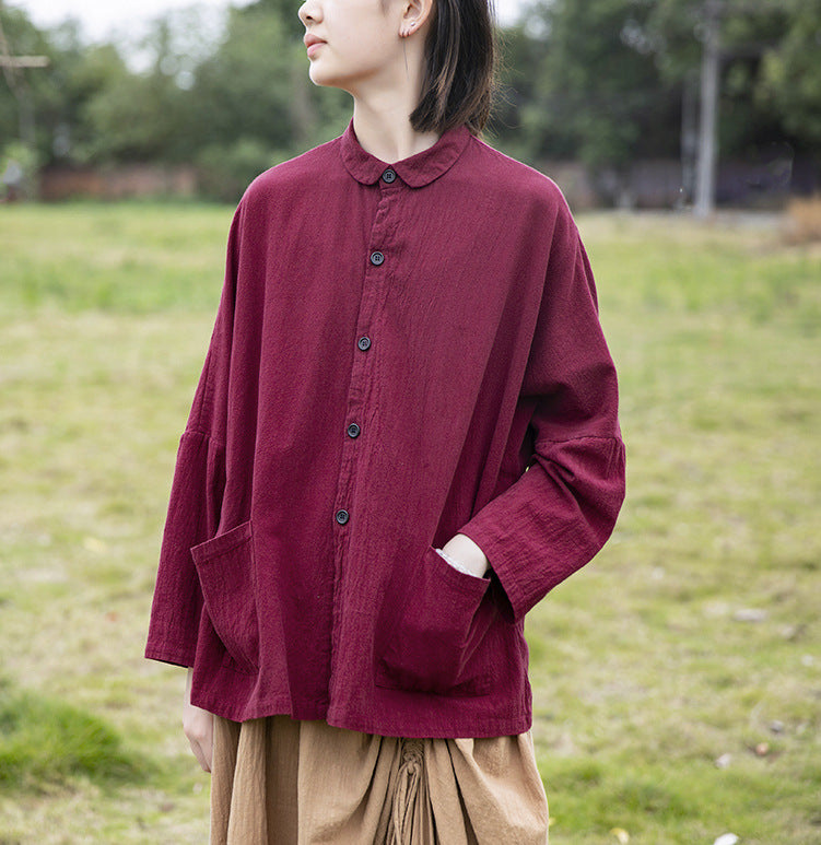 Shan Qian Nianyi 2021 Spring and Autumn Cotton and Linen Long Sleeve Cardigan Shirt Lapel Solid Color Linen Women's Peter Pan Collar Shirt