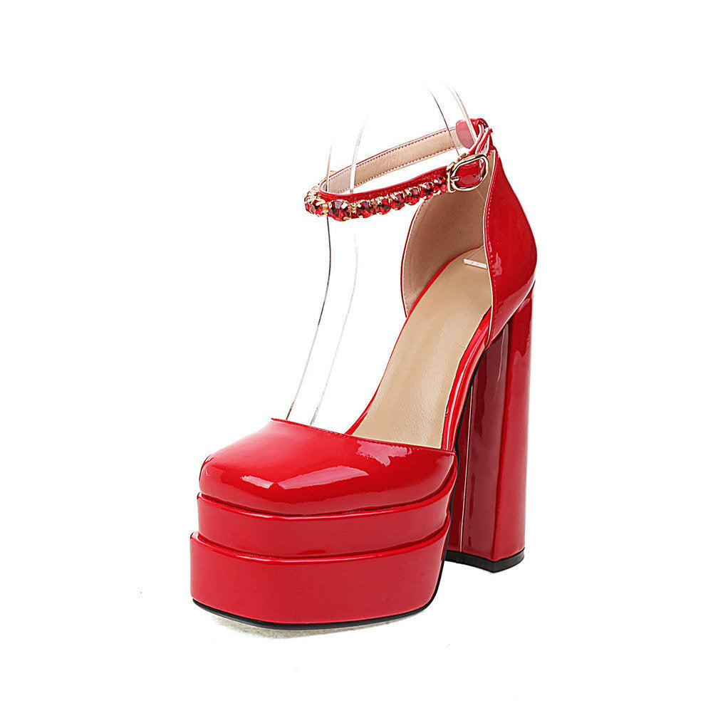 flowersverse Women's European and American-Style Fashionable Square Toe Pearl Patent Leather Women's Shoes Chunky Heel High Heels Mary Jane Platform Women's Shoes