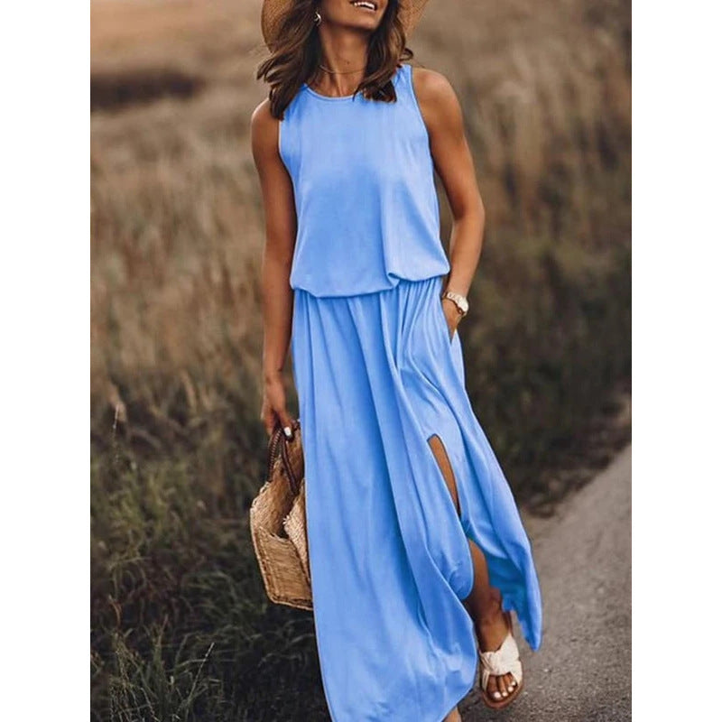 FLOWERSVERSE Cross-border new summer 2025 women's clothing round neck sleeveless solid color medium and long swing dress