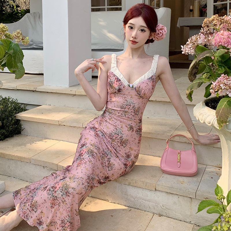 2025 Coffee break romantic v-neck floral suspender dress women's spring and summer new sexy pure desire seaside vacation hip wrap dress