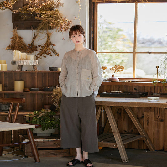 Linen crew neck open placket loose big shirt shirt woman, spring and summer coat woman, top spring versatile woman B0409