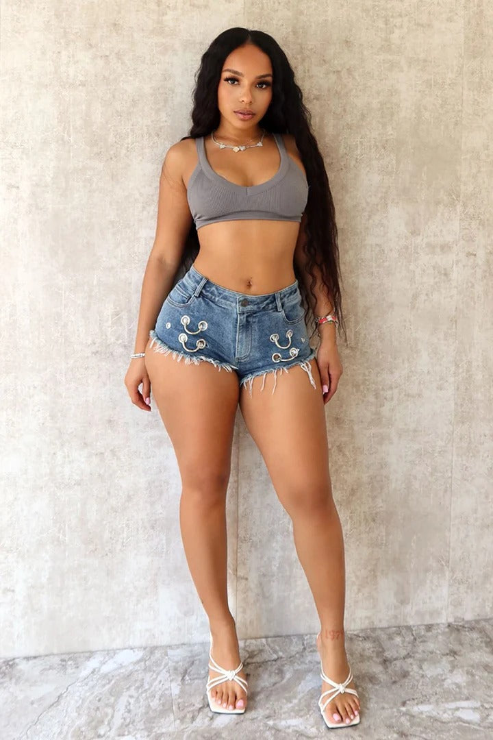 flowersverse Summer New HOTan and NEWn Sexy Denim Shorts Women's Eye Metal Ring Hot Pants Jeans Bar