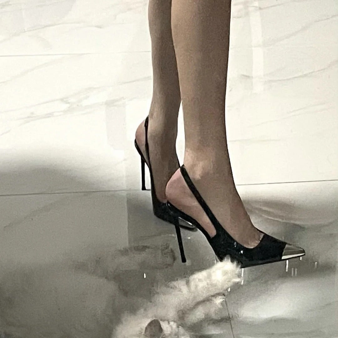 flowersverse Wholesale Pointed Patent Leather Hollow High Heel Sandals Low-Cut High Heel Pumps Women's Metal Toe Cap Style Solid Color High Heels