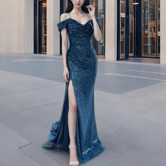 FLOWERSVERSE 2025 cross-border hot-selling 2025 trade women's clothing polyester sexy fine flash split-ended dance dress sequins
