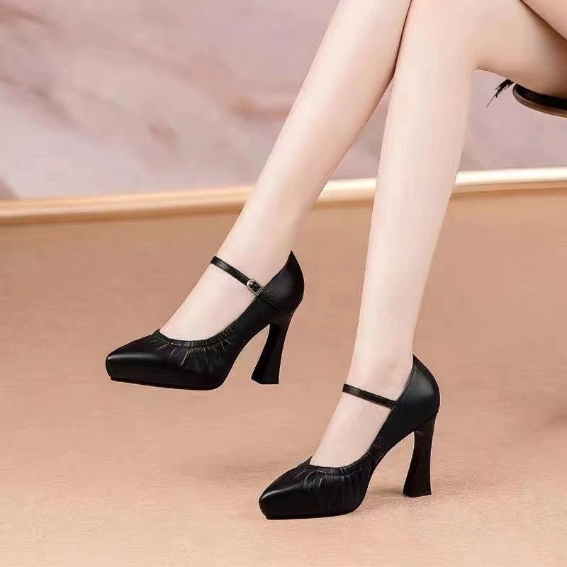 flowersverse Spring and Autumn Single-Layer Shoes Cheongsam Model Catwalk Show Shoes Black High Heel Chunky Heel Buckle Pointed Toe Simple Shoes for Work
