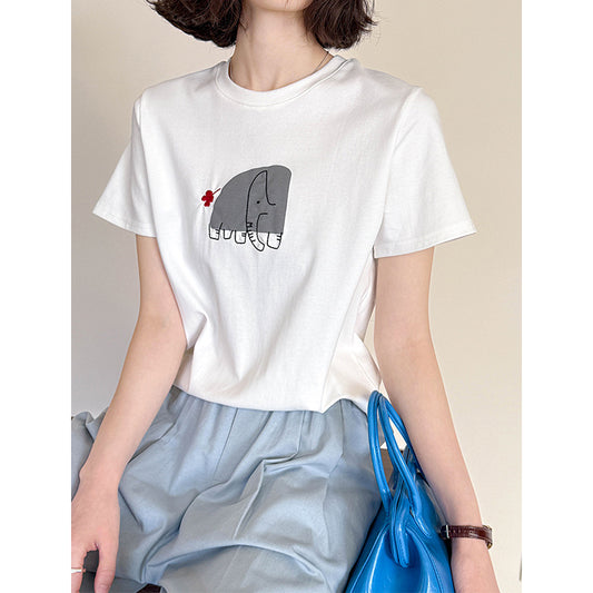 2025 Spring New Printed Short Sleeve T-Shirt Women's Autumn Inner Loose Casual Hot Bottom Top 90621