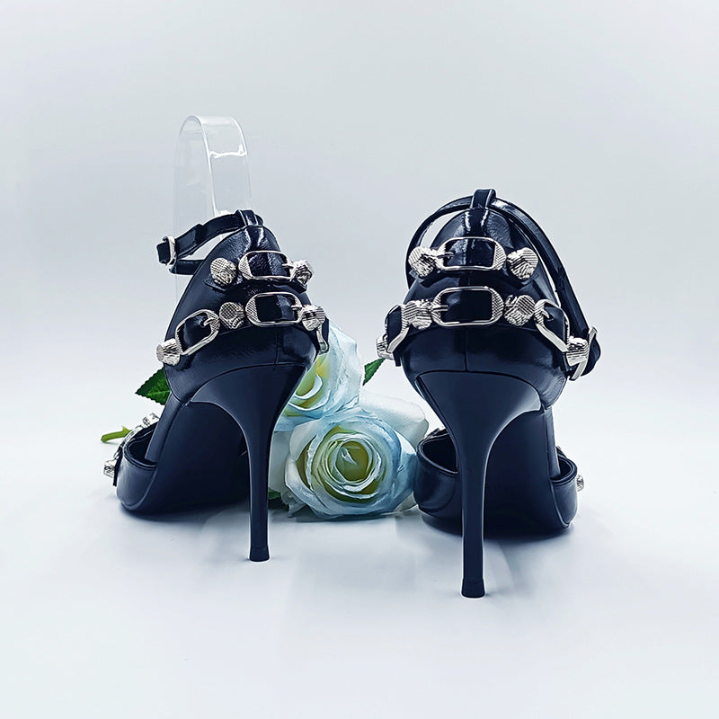flowersverse New European and American Lens Rivet High Heels Hollow Women's Shoes Punk Stiletto Heel Belt Buckle Strap Shoes