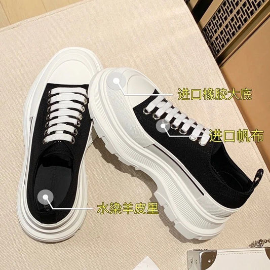 flowersverseWomen's Thick-Soled Height Increasing Canvas Shoes Ins Fashionable All-Matching Casual Sports Dad Shoes Breathable Lace up White Shoes