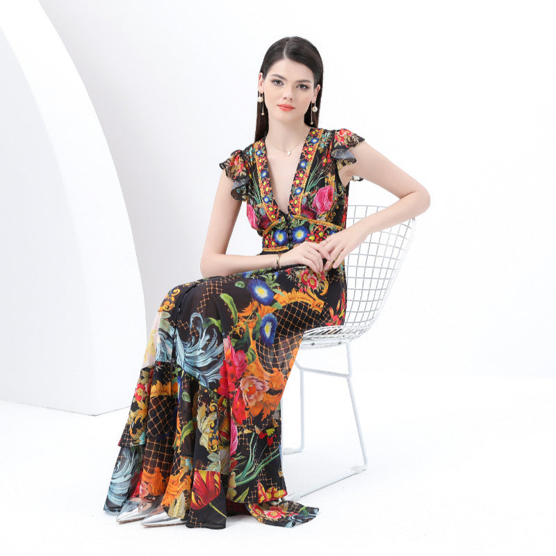 retro court style V-neck sleeveless fashion positioning printing waist thin single-breasted long dress spring
