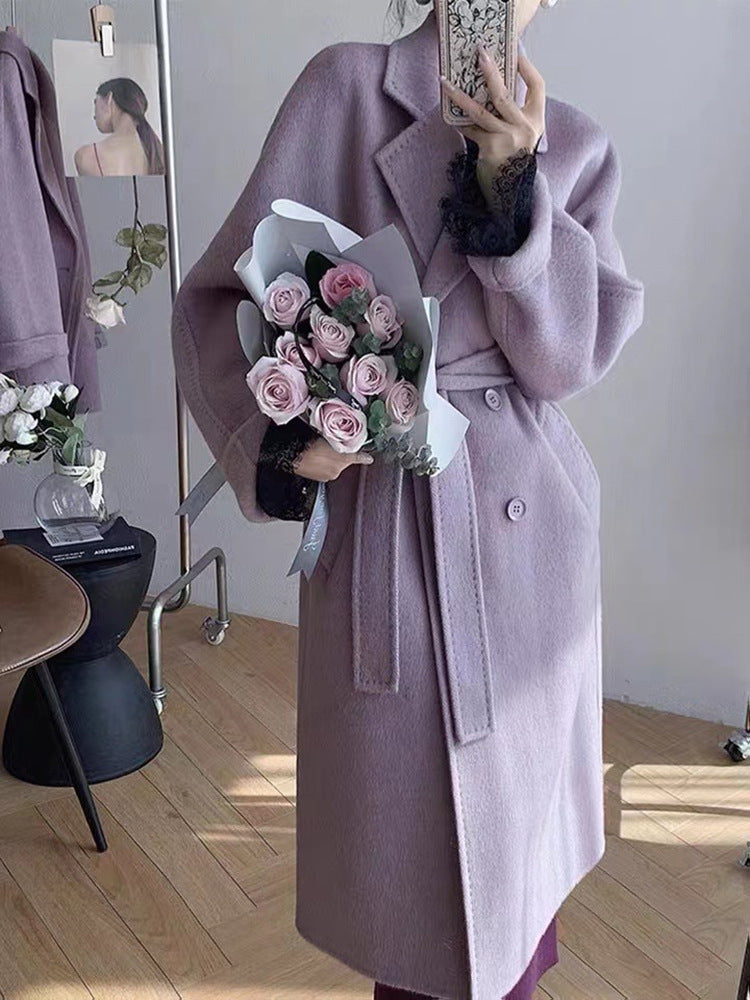 2025 popular popular long-haired solid-color double-sided cashmere coat, double-breasted classic women's coat manufacturer wholesale