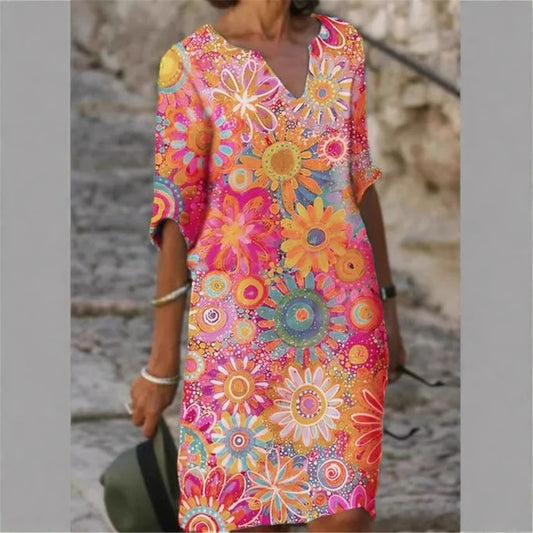 FLOWERSVERSE Cross-border new color matching printed patchwork V-neck wide Shochiku retro literary round neck five-quarter sleeve large size dress