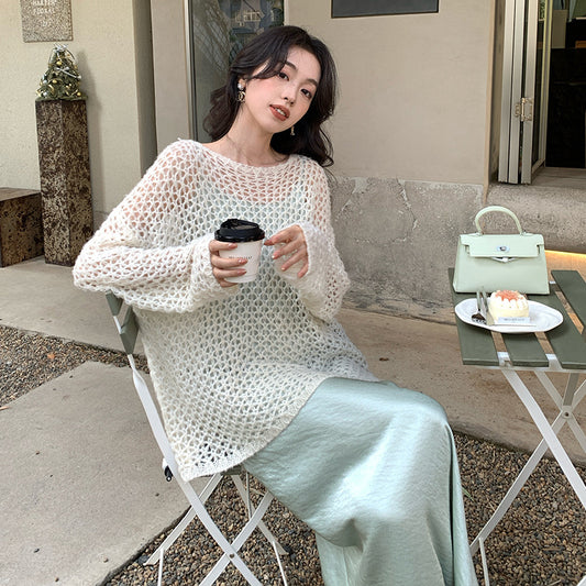 2025 spring loose long-sleeved hollow mohair knitted sweater top oversize sweater 25153