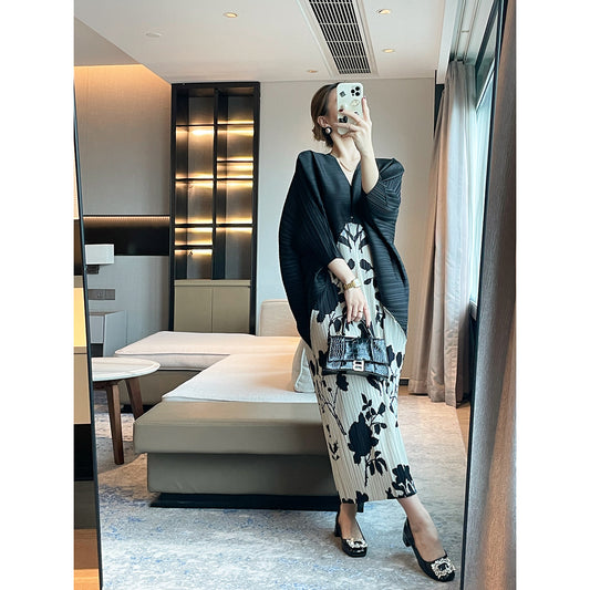 Folds spring high-end high-end printed fashion dress temperament elegant loose meat-covering dress
