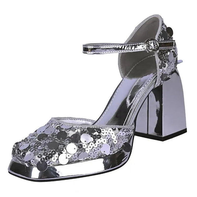 flowersverse Summer New Sequin Fashion Square Toe Sandals Women's Shoes Closed Toe Root Ankle-Strap Buckle with Mid-High Heels
