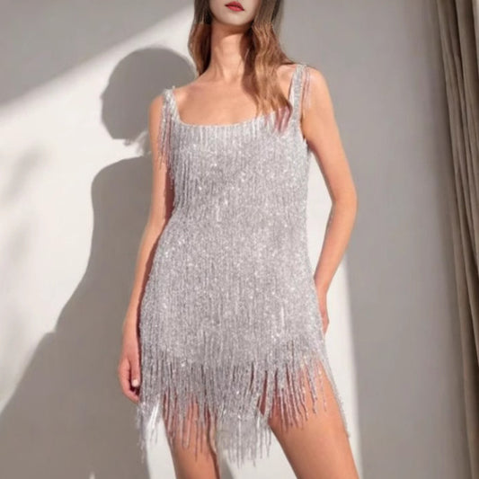 FLOWERSVERSE 2025 Hot Trade Fashion Tassel Sequin Party Sexy U-Neck Suspender Feather Splicing Dress Dress