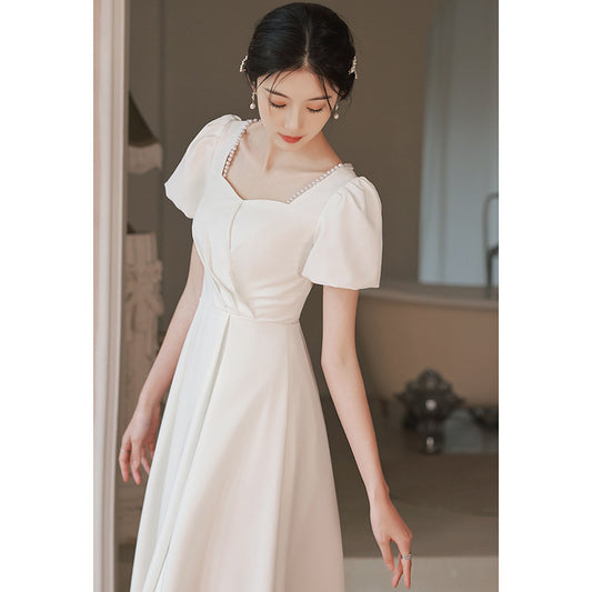 Small white evening dress can be worn at ordinary times, small white dress for graduation dates, spring engagement certificate registration dress