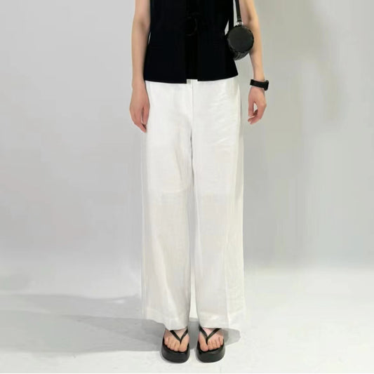 flowersverse CS Women's Casual Pants Spring New Wide Leg Fine Cut Linen Trousers, White 1208909002