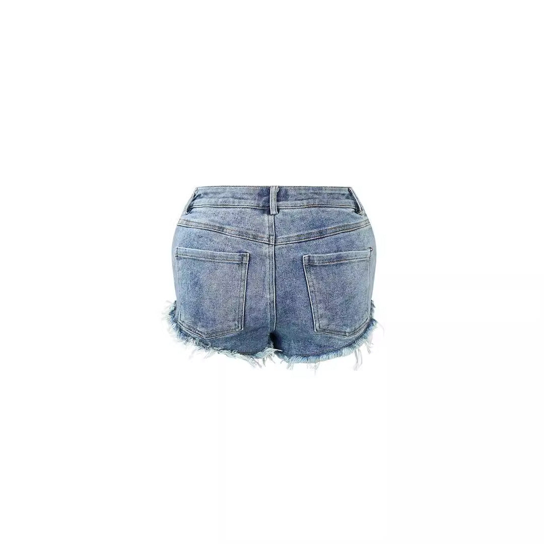 flowersverse Summer New HOTan and NEWn Sexy Denim Shorts Women's Eye Metal Ring Hot Pants Jeans Bar