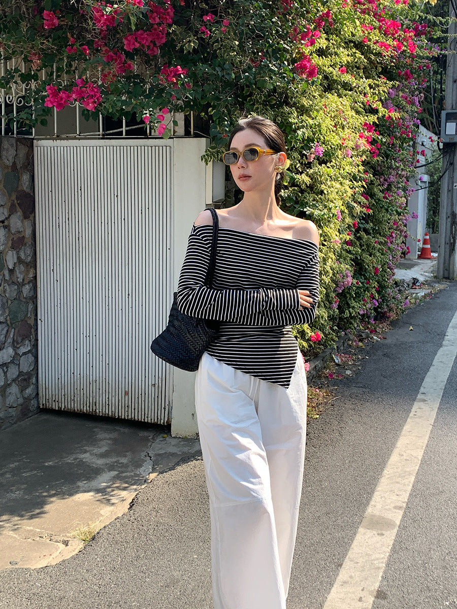 2025 spring new ins temperament off-the-shoulder striped bottoming shirt long-sleeved knitted sweater women's top 89301