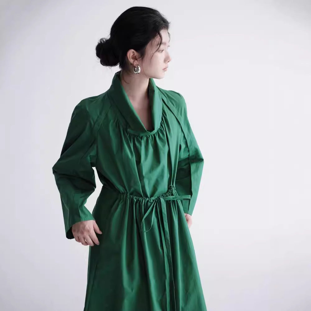 2025 Spring Original Design Green Cotton Waist Adjustable Pleated Long Dress Jacket A0810